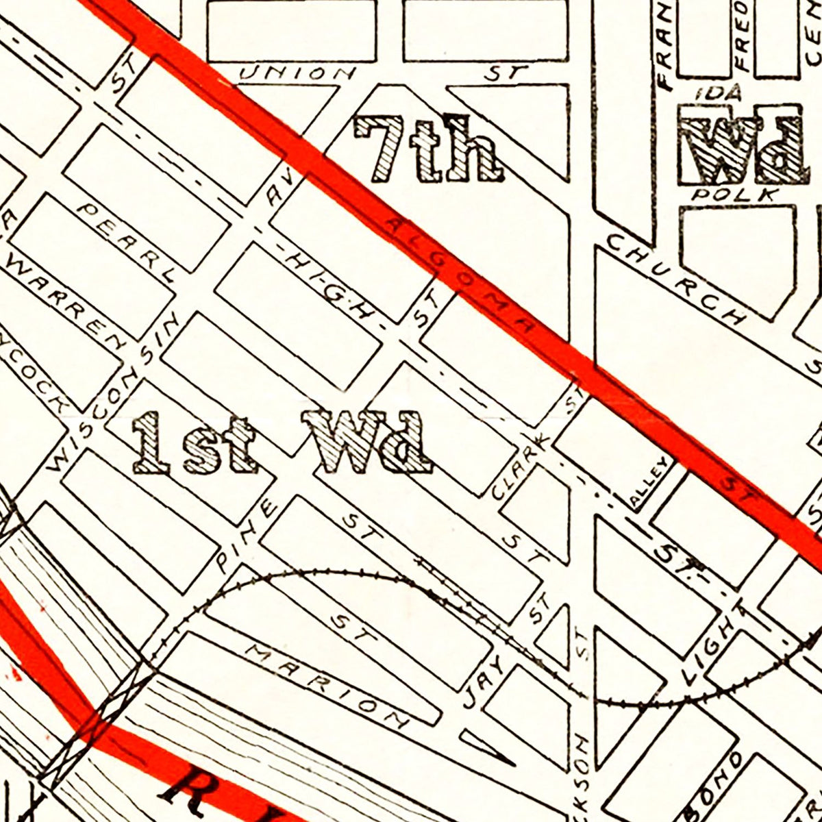 Restored historic details from the 1919 city map of Oshkosh, Wisconsin