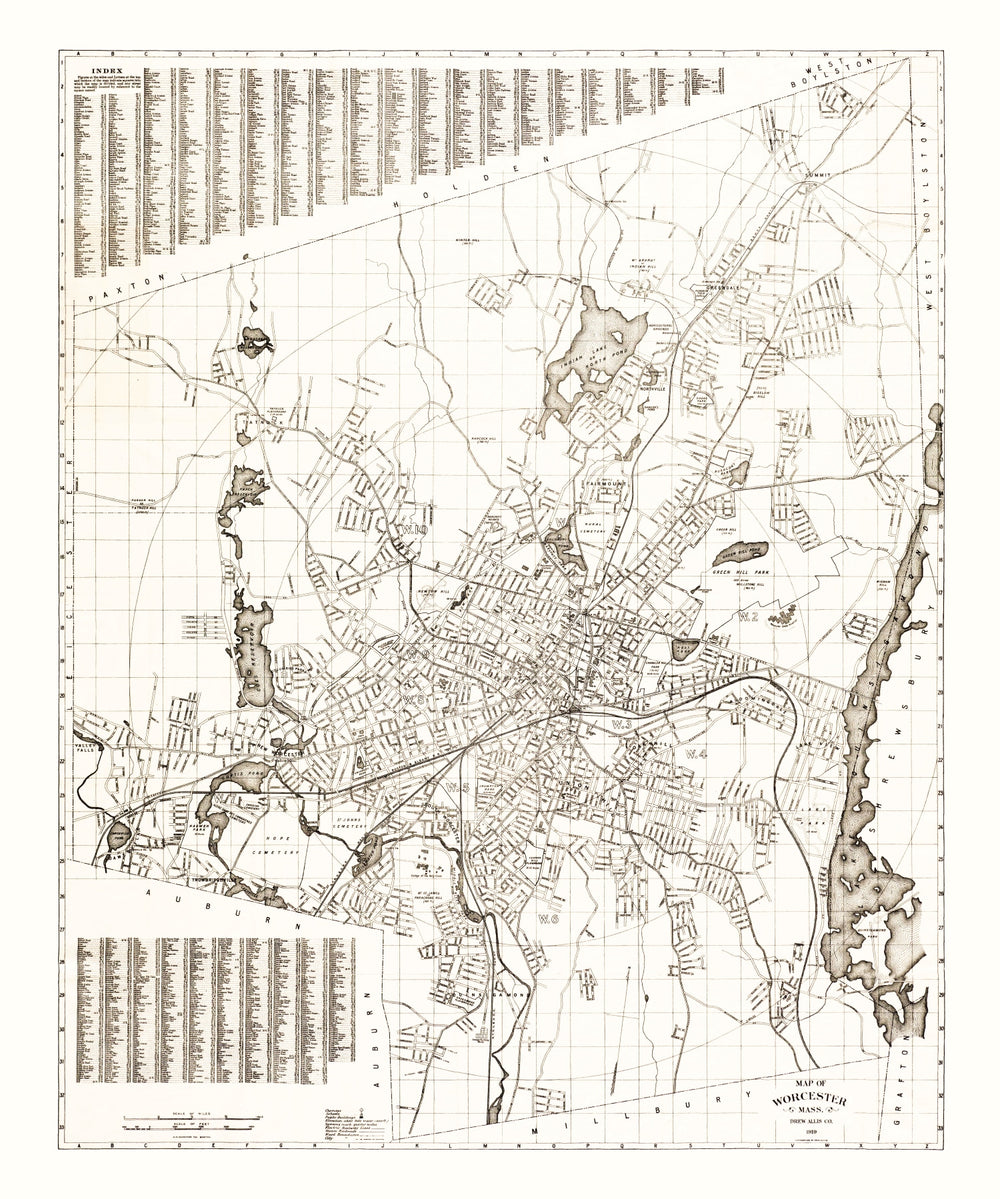Vintage Map of Worcester, Massachusetts 1919 print style example