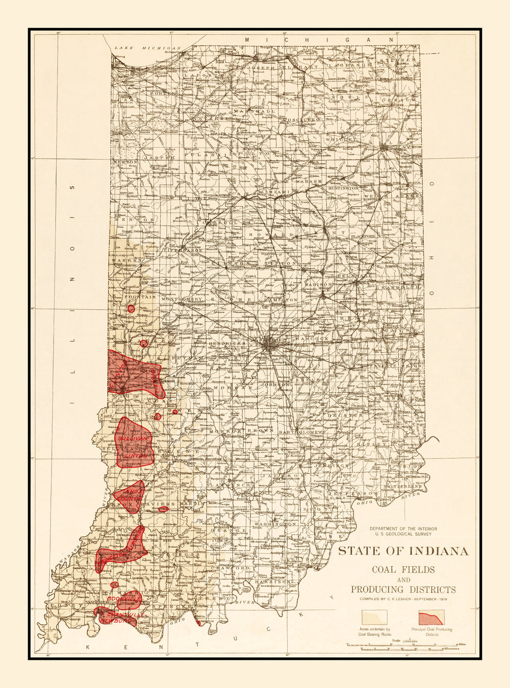 Vintage Map of Indiana Coal Fields, 1919 print style example