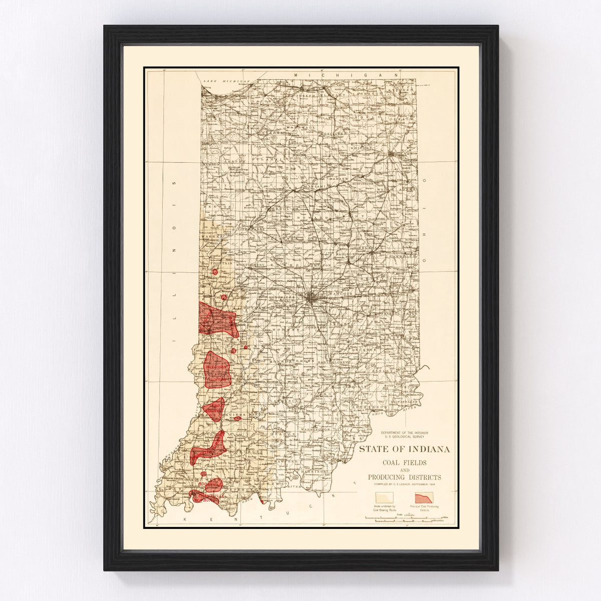 Indiana Coal Fields Vintage Map 1919