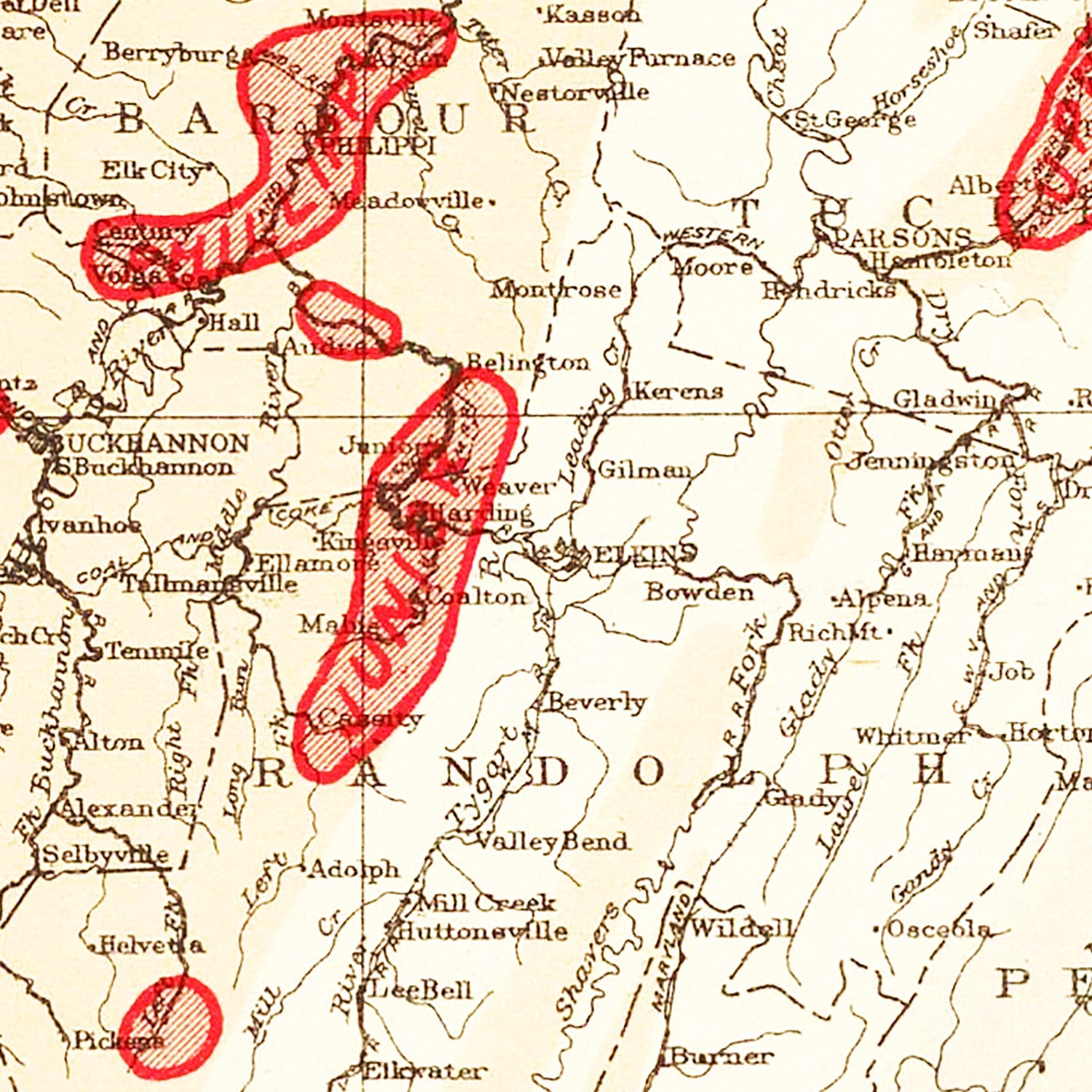 Restored historic details from the 1919 state map of County, West Virginia