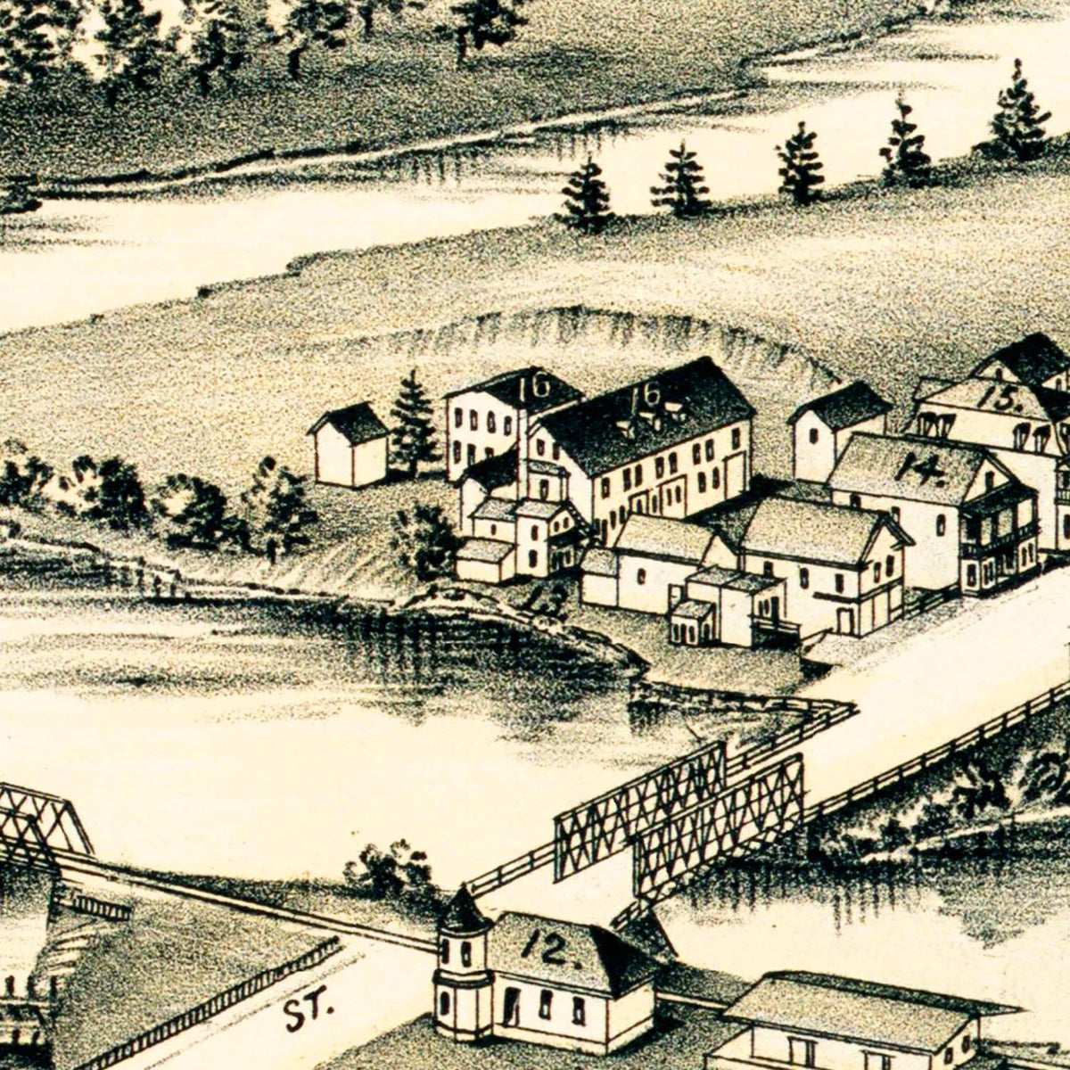 Restored historic details from the 1893 city map of Three Rivers, Massachusetts