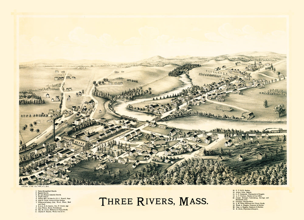 Vintage Map of Three Rivers, Massachusetts 1893 print style example