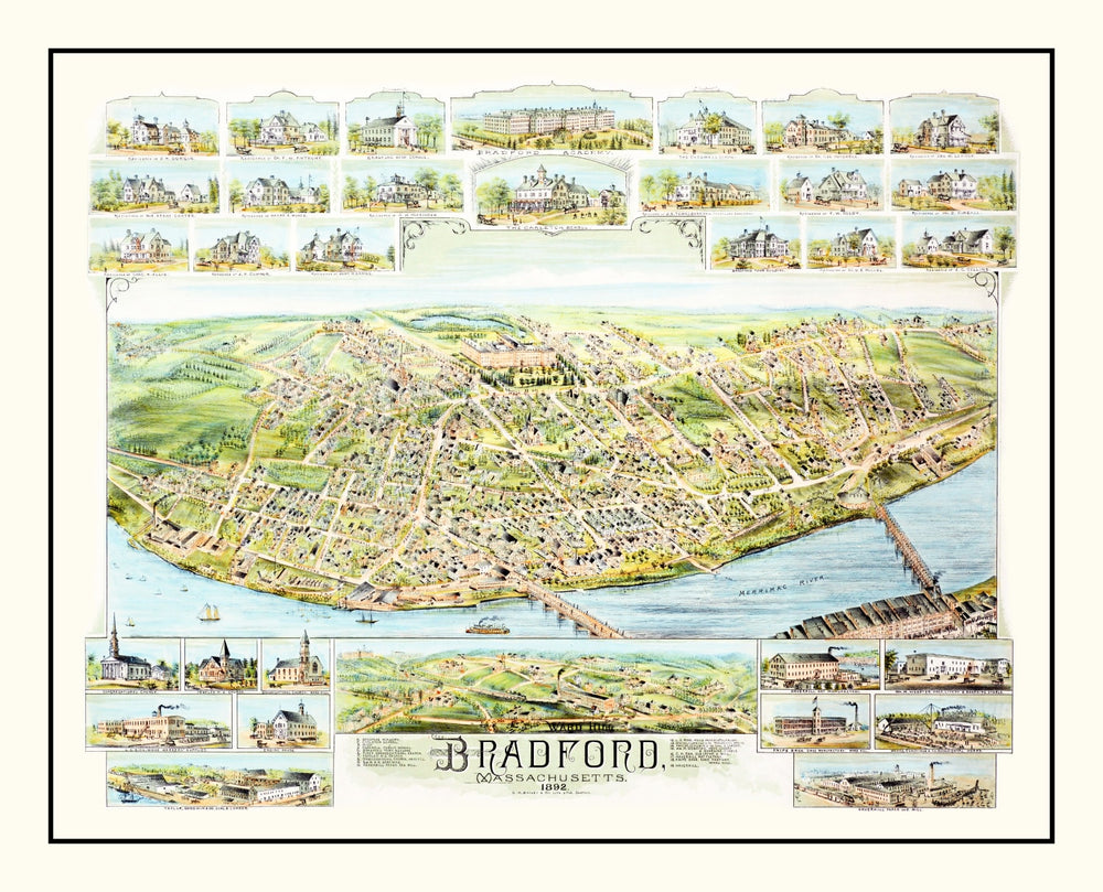 Vintage Map of Bradford, Massachusetts 1892 print style example