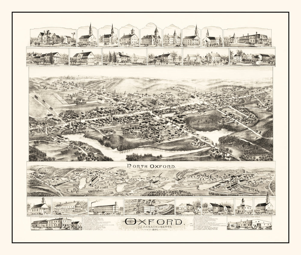 Vintage Map of Oxford, Massachusetts 1891 print style example