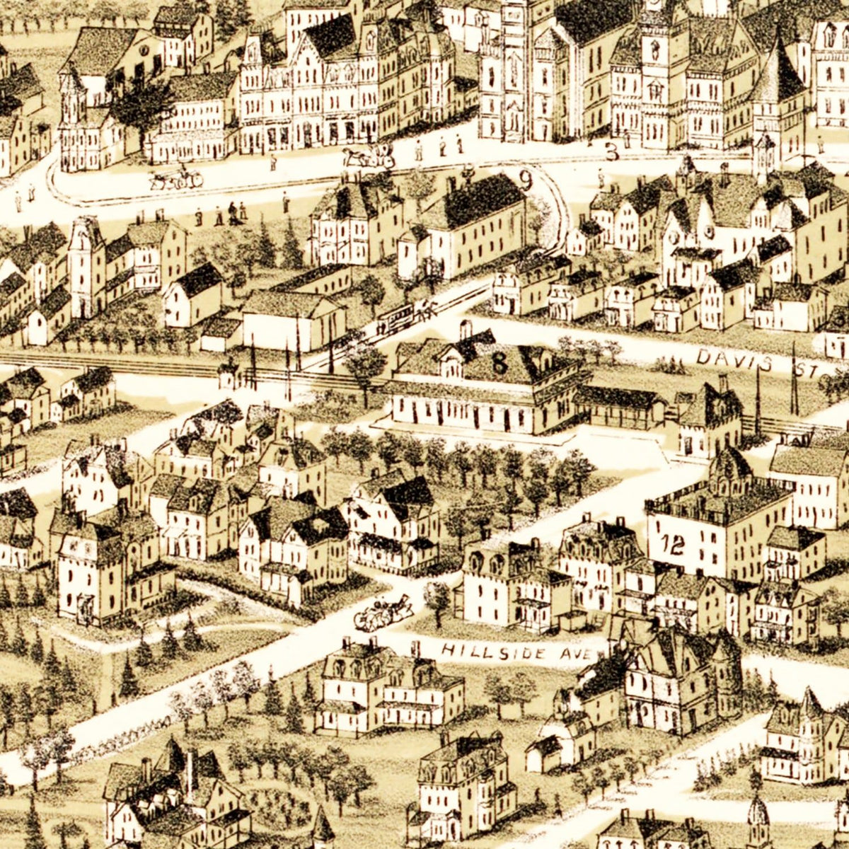 Restored historic details from the 1890 city map of West Newton, Massachusetts