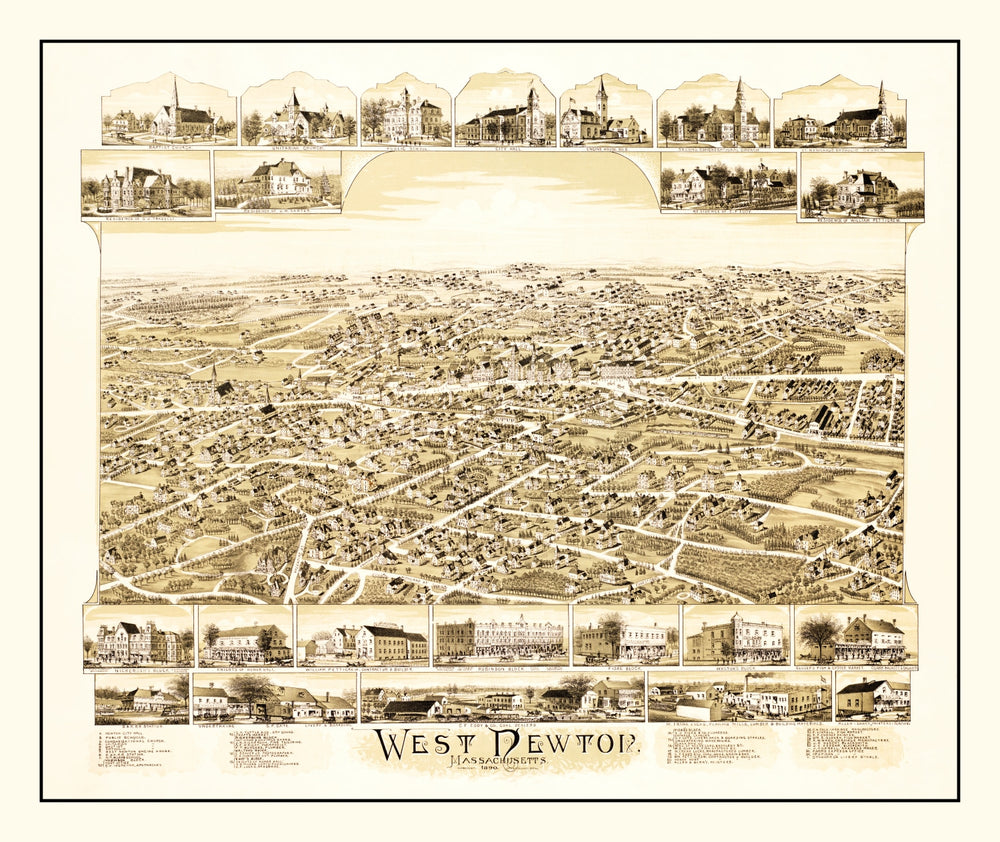 Vintage Map of West Newton, Massachusetts 1890 print style example