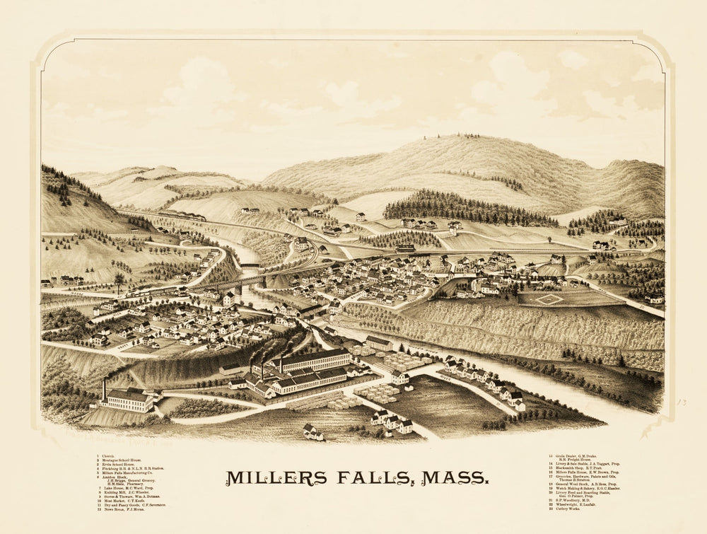Vintage Map of Millers Falls, Massachusetts 1889 print style example