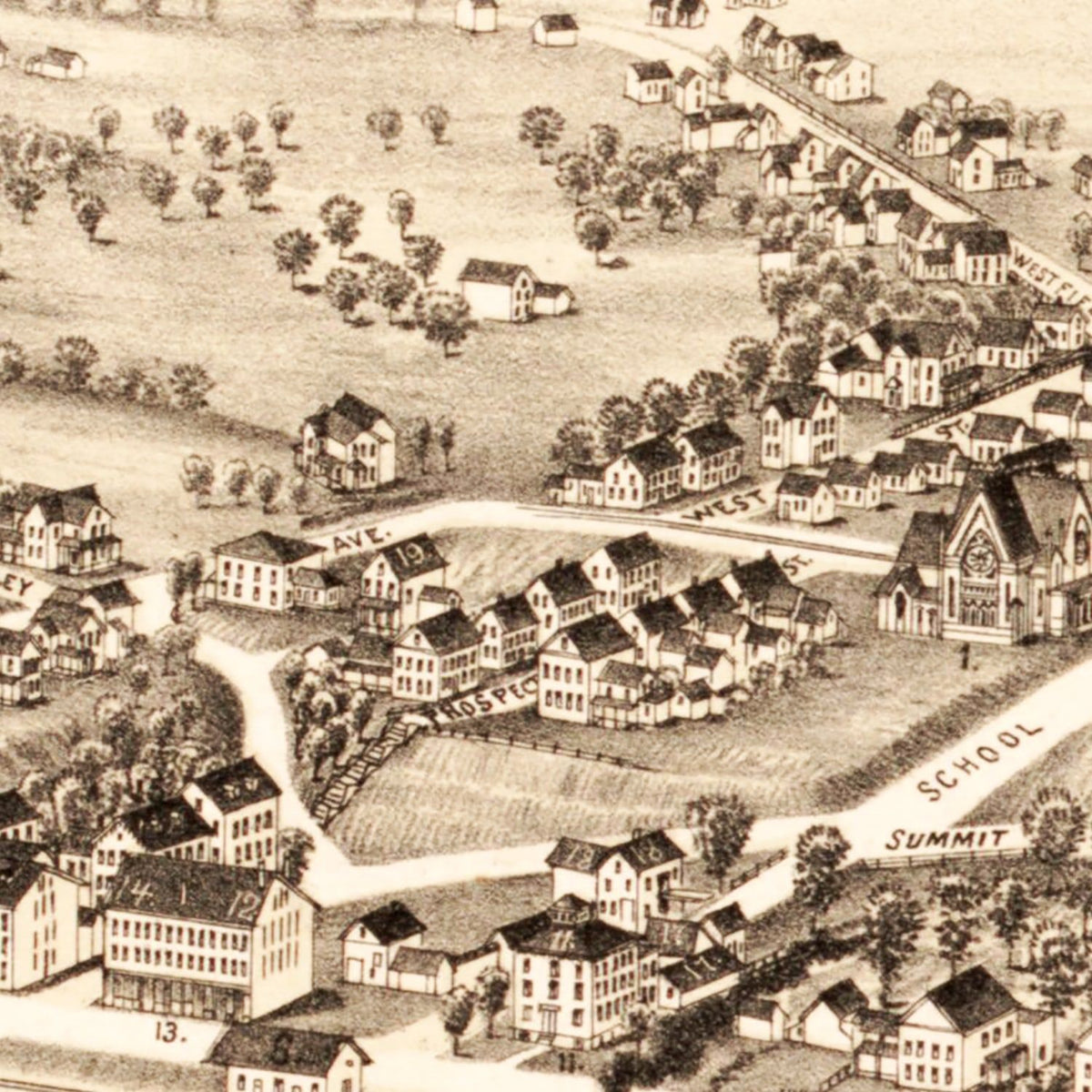 Restored historic details from the 1889 city map of Mittineague, Massachusetts