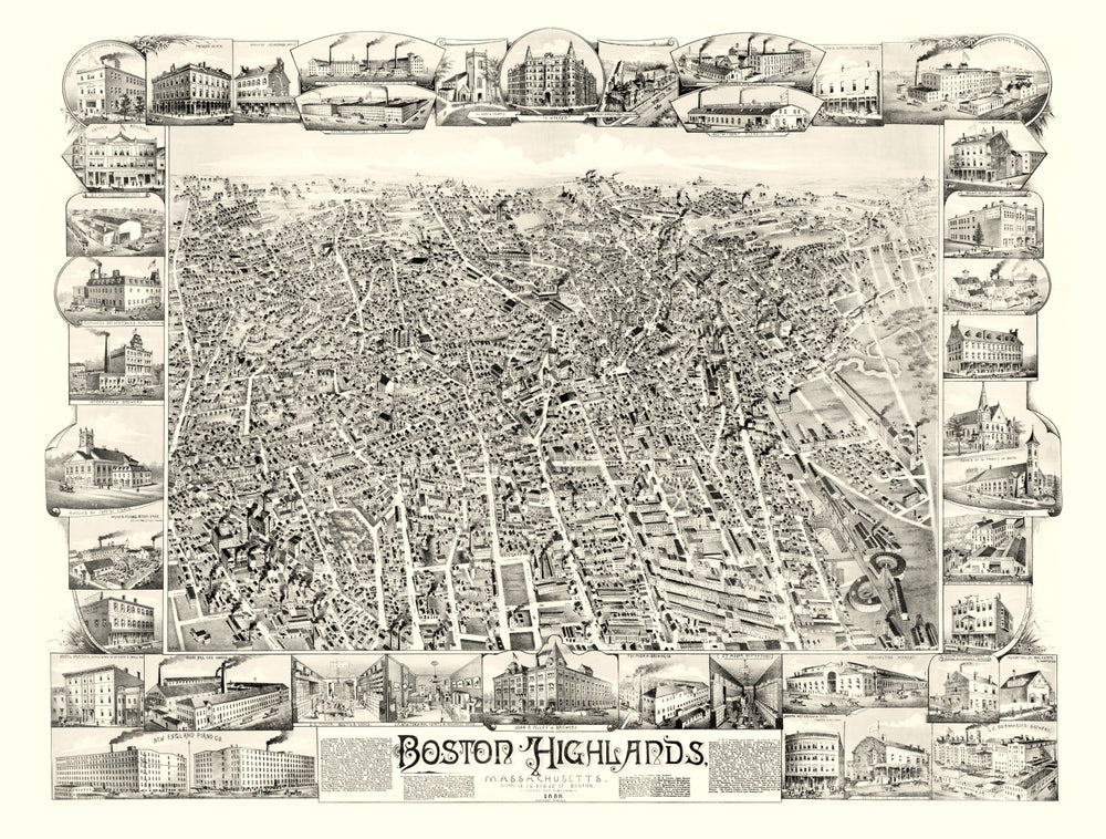 Vintage Map of Boston Highlands, Massachusetts 1888 print style example