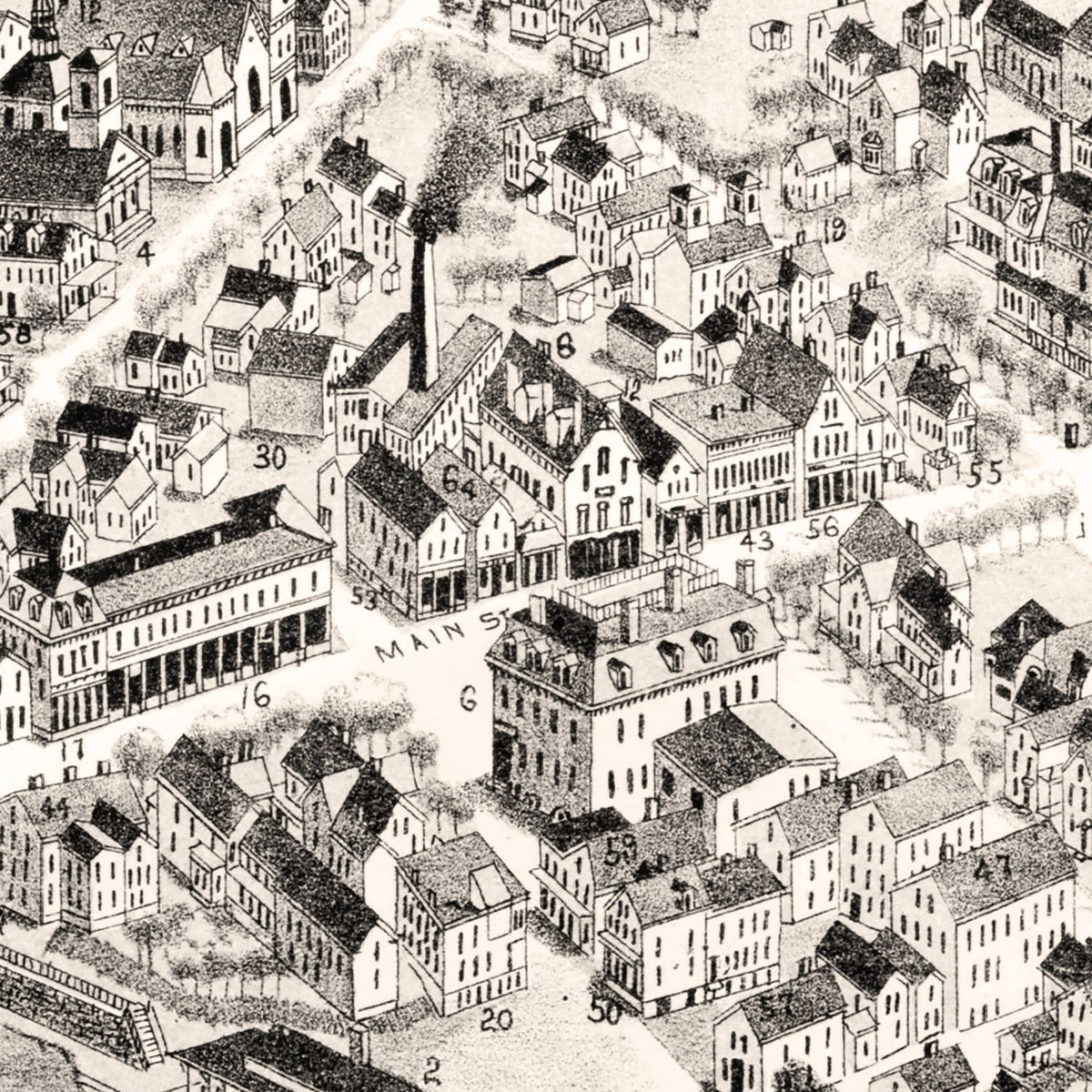 Restored historic details from the 1888 city map of Franklin, Massachusetts