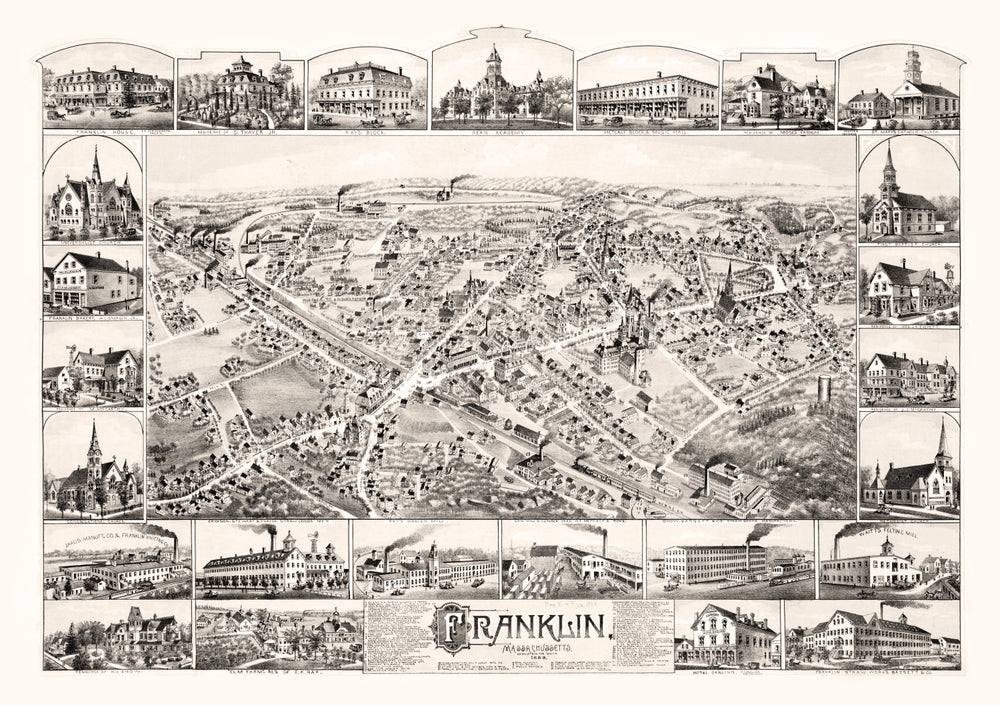 Vintage Map of Franklin, Massachusetts 1888 print style example