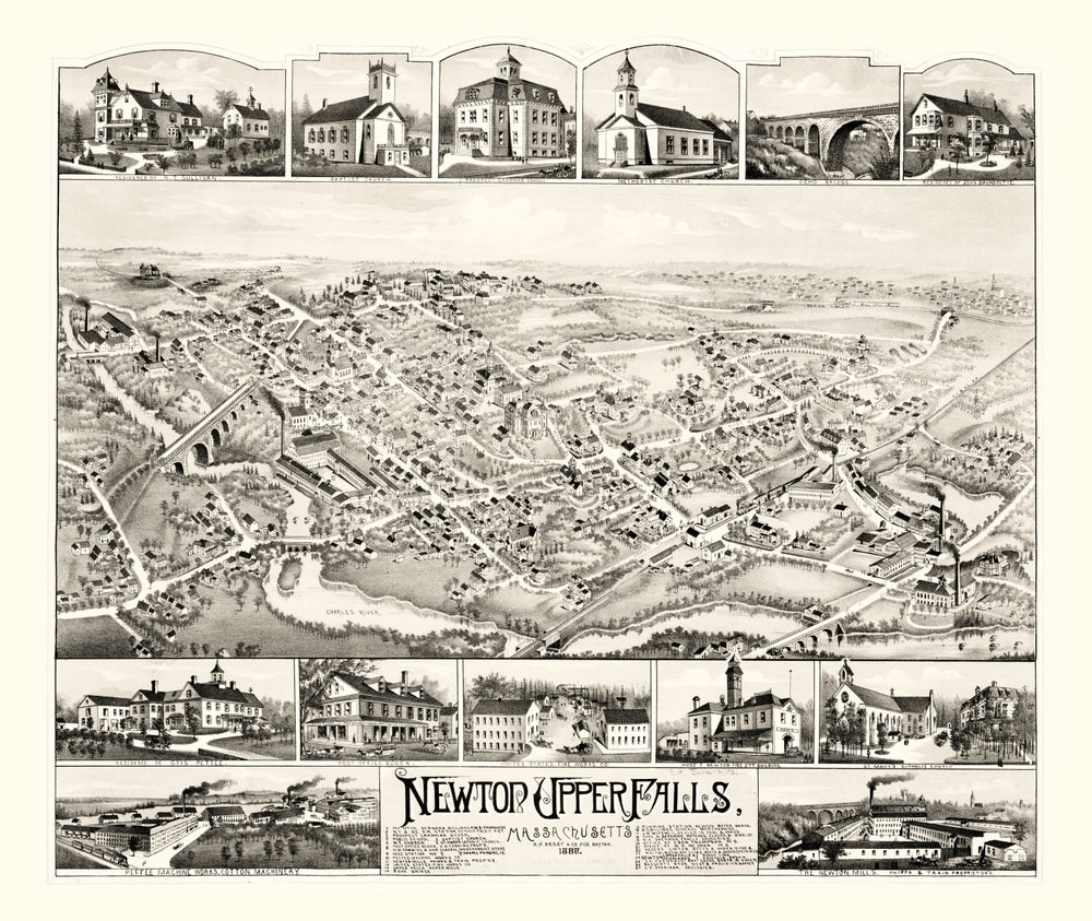 Vintage Map of Newton Upper Falls, Massachusetts 1888 print style example