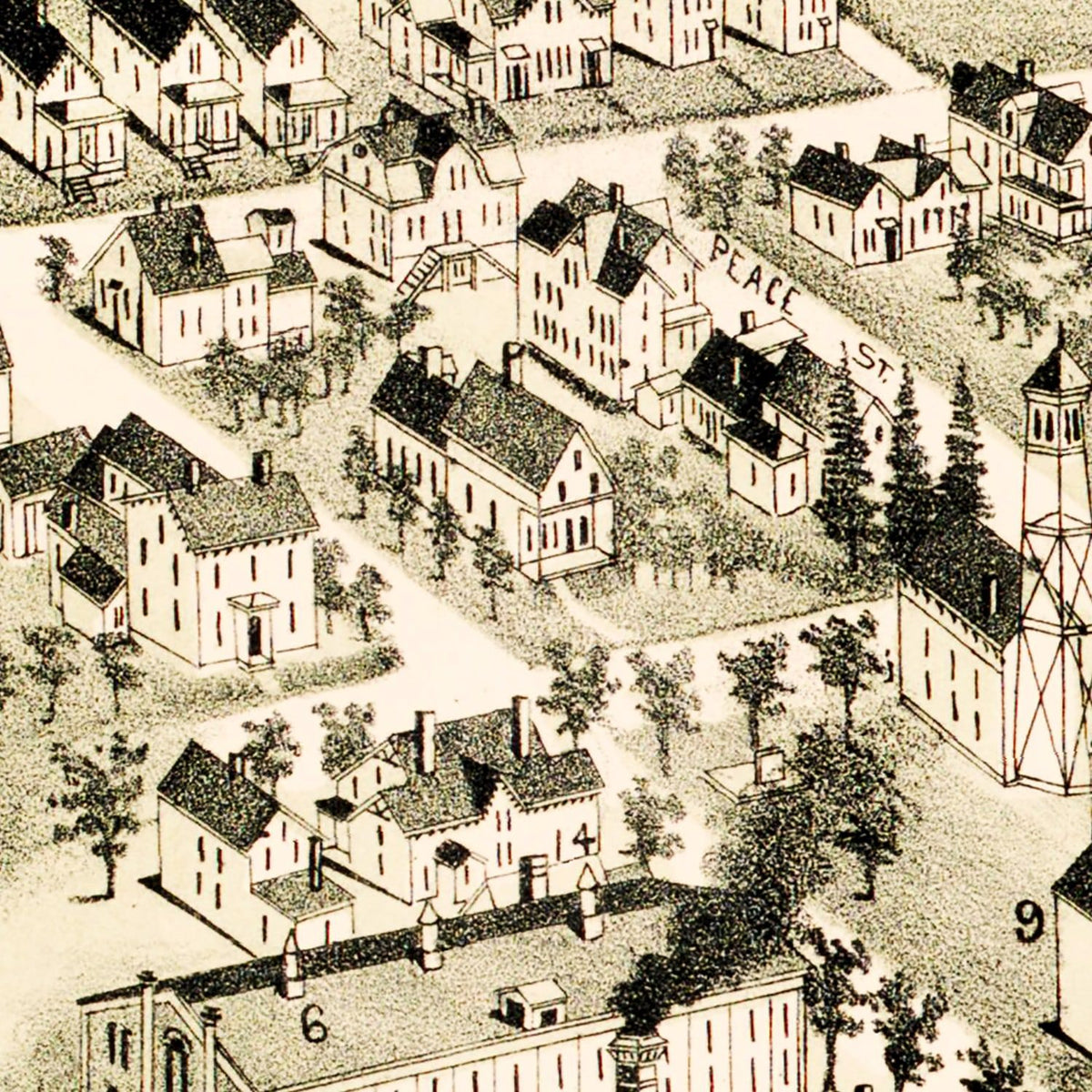 Restored historic details from the 1888 city map of Hopedale, Massachusetts