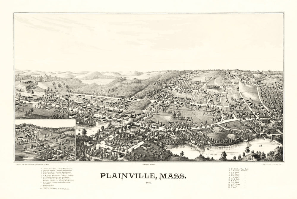 Vintage Map of Plainville, Massachusetts 1887 print style example