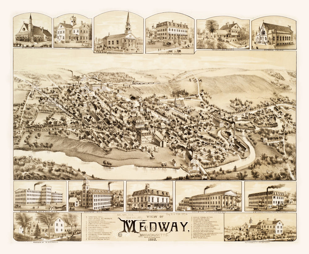 Vintage Map of Medway, Massachusetts 1887 print style example