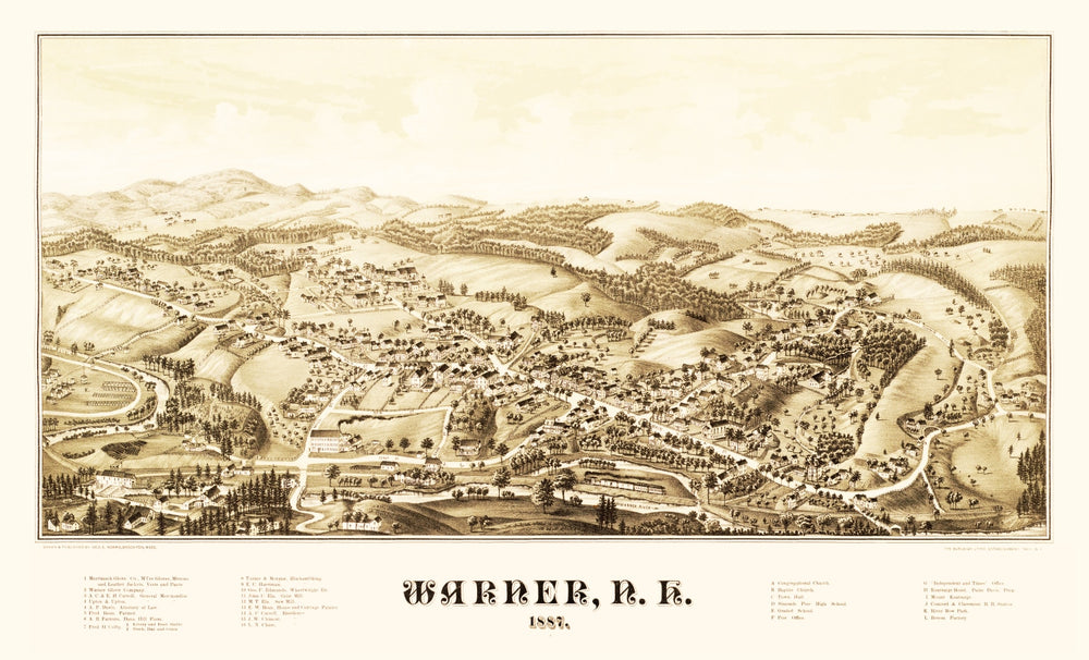 Vintage Map of Warner, New Hampshire 1887 print style example