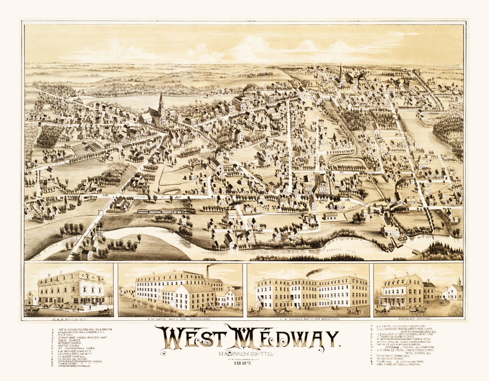 Vintage Map of West Medway, Massachusetts 1887 print style example