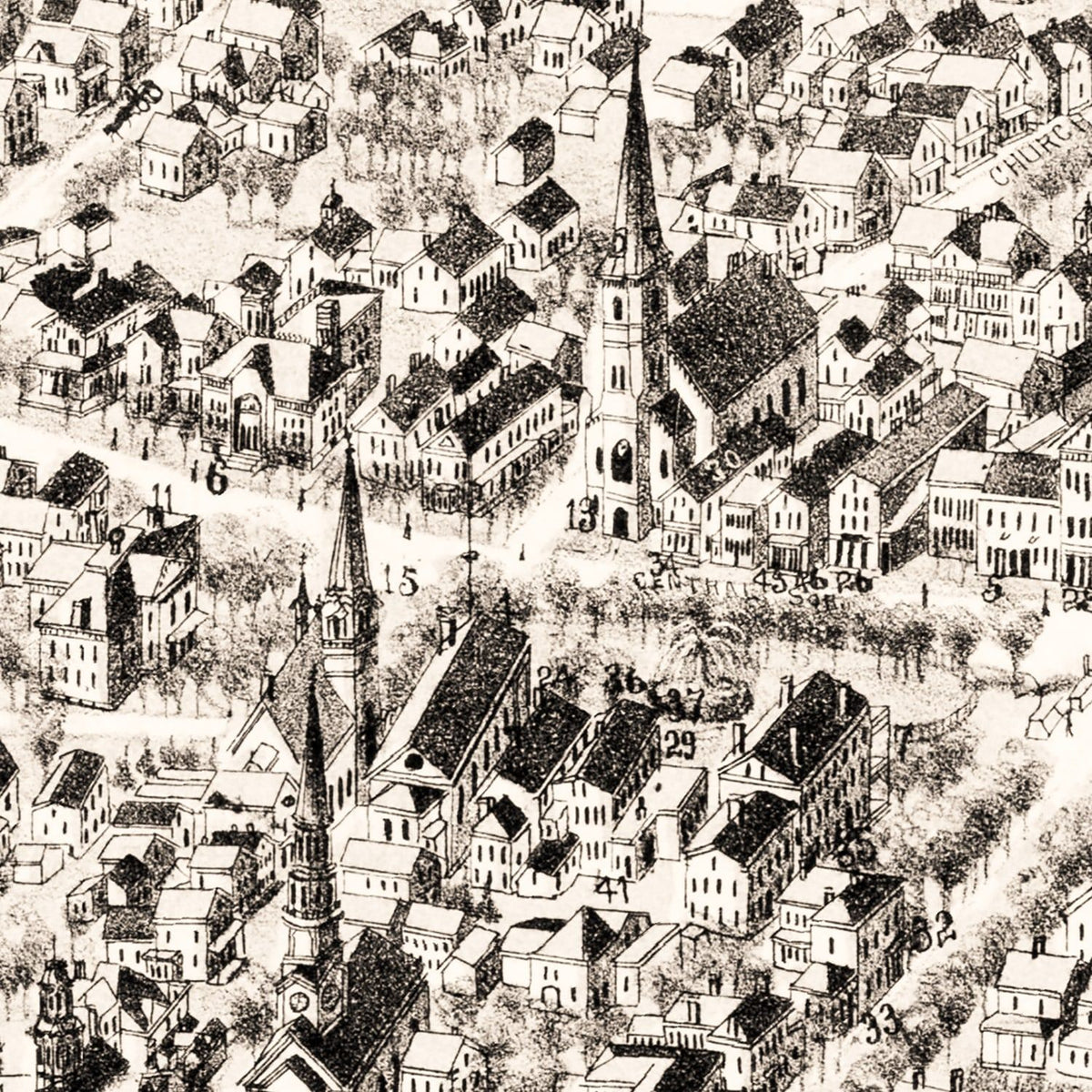 Restored historic details from the 1887 city map of Bridgewater, Massachusetts