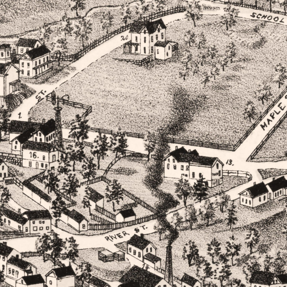 Restored historic details from the 1887 city map of Charlton City, Massachusetts