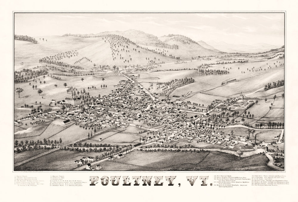 Vintage Map of Poultney, Vermont 1886 print style example