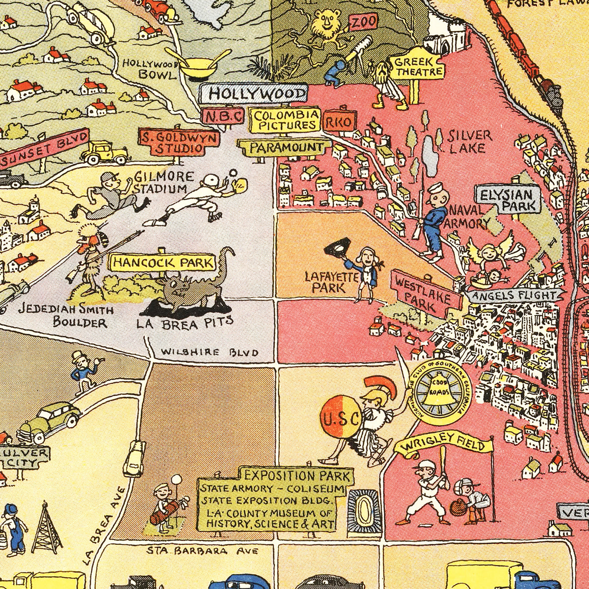 Restored historic details from the 2012 city map of Los Angeles, California