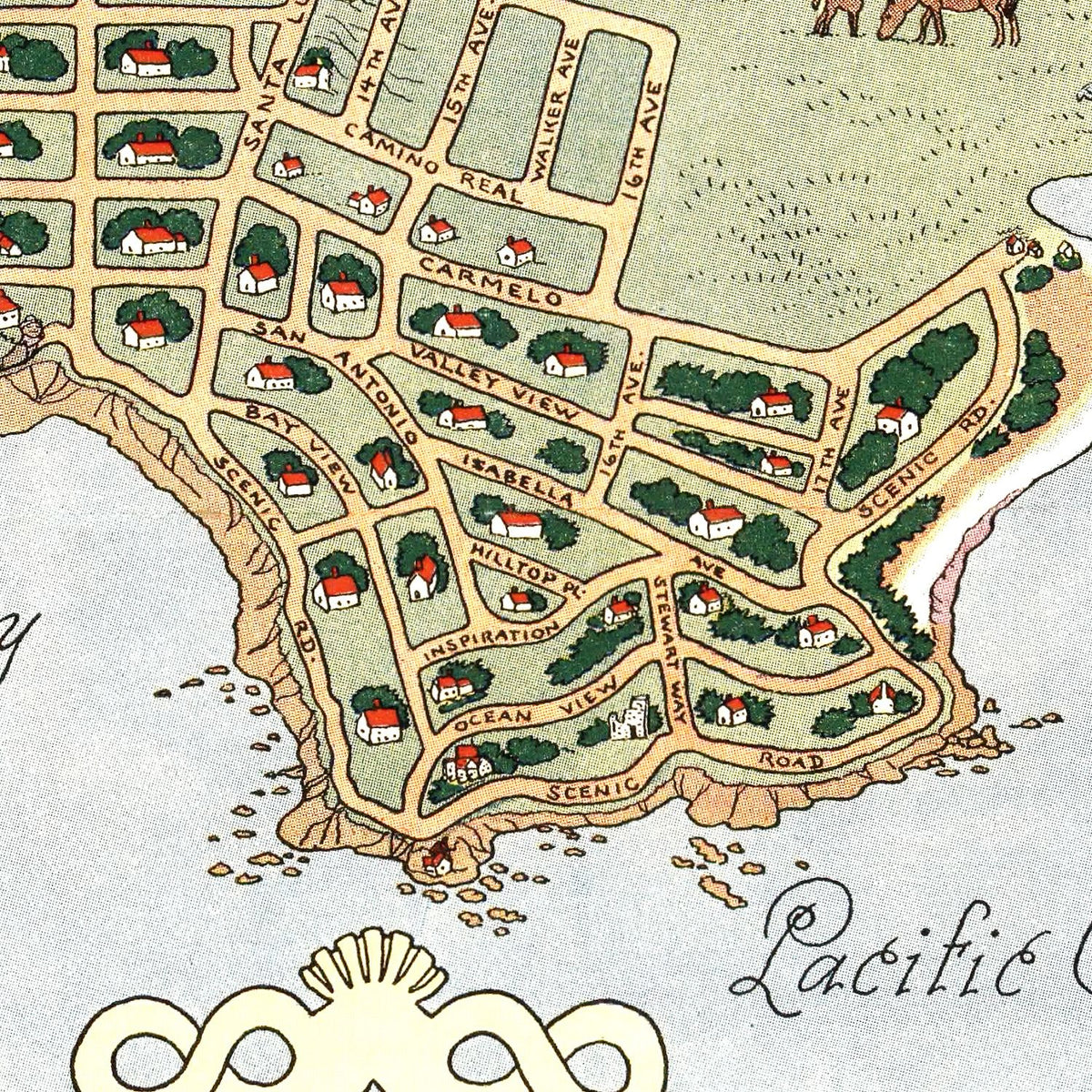 Restored historic details from the 1942 city map of Carmel By The Sea, California