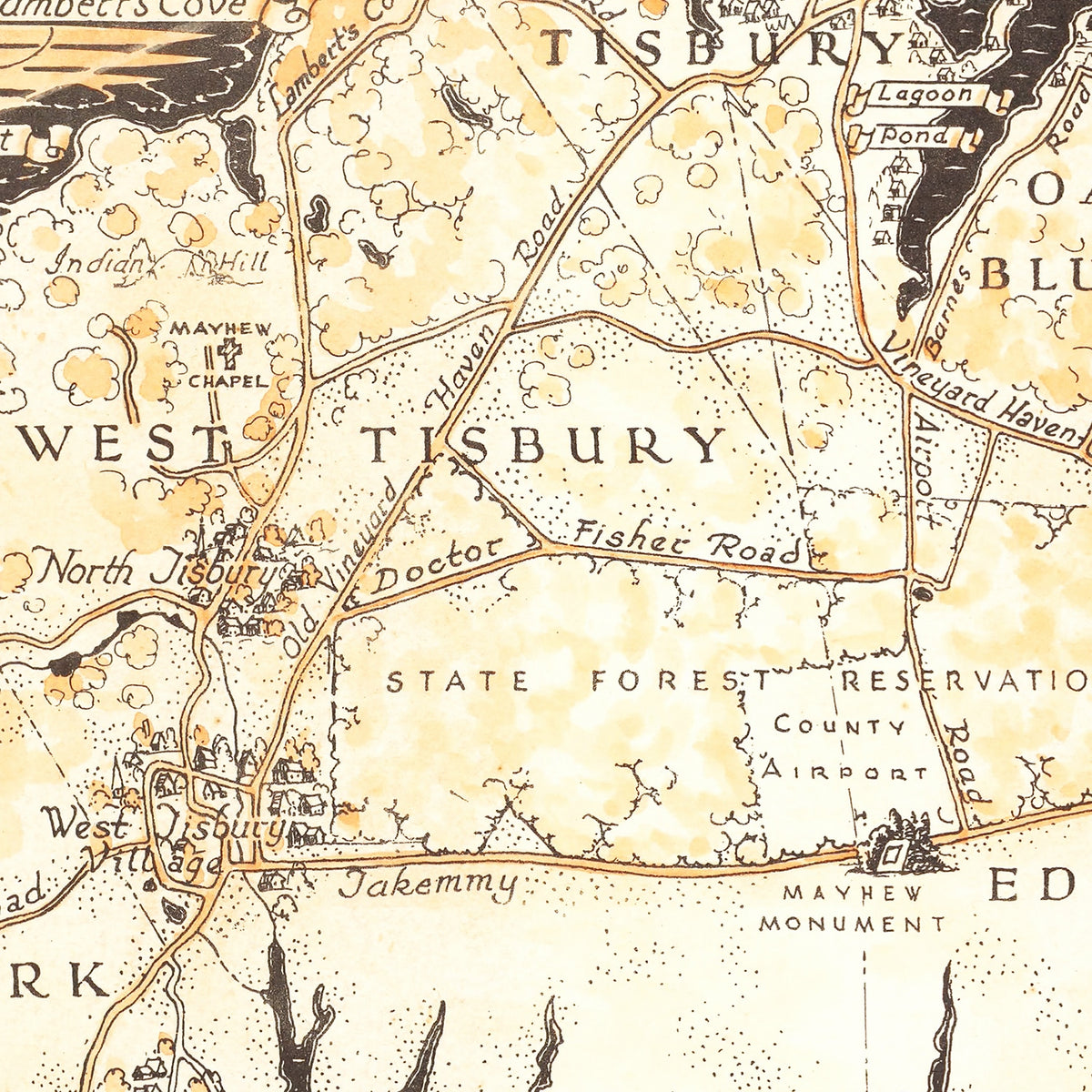 Restored historic details from the 1954 island map of Dukes County, Massachusetts