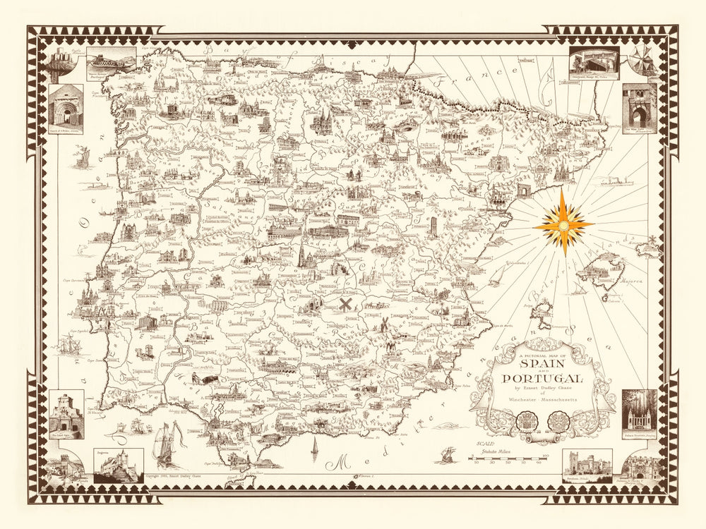 Vintage Pictorial Map of Spain & Portugal, 1935 print style example