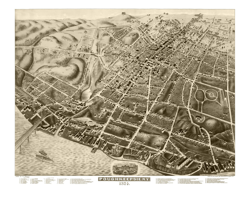 Vintage Map of Poughkeepsie, New York 1874 print style example
