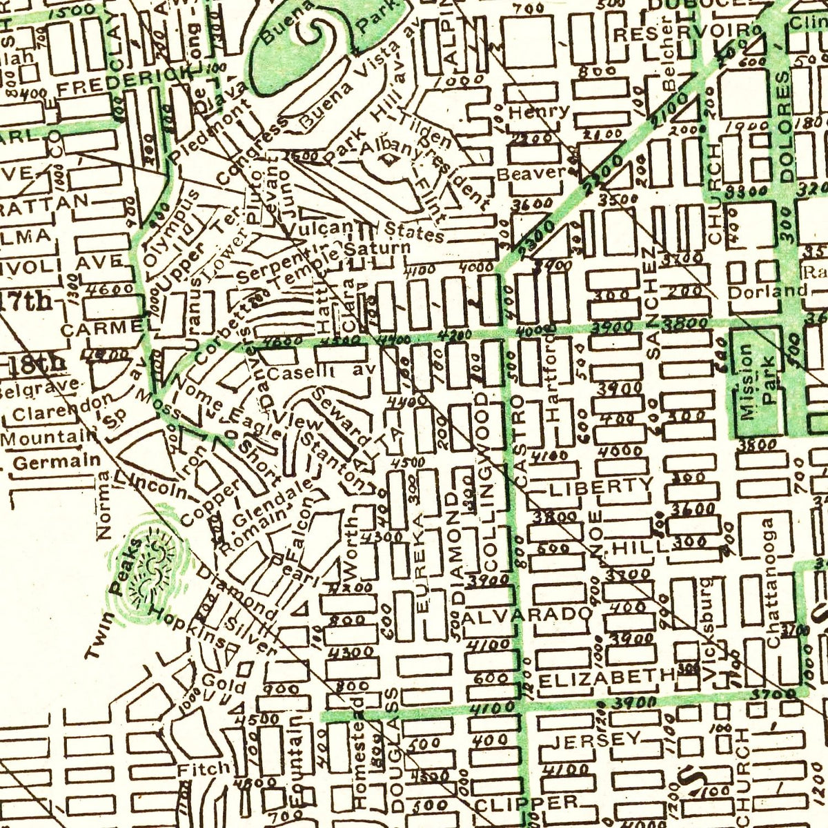 Restored historic details from the 1906 city map of San Francisco, California