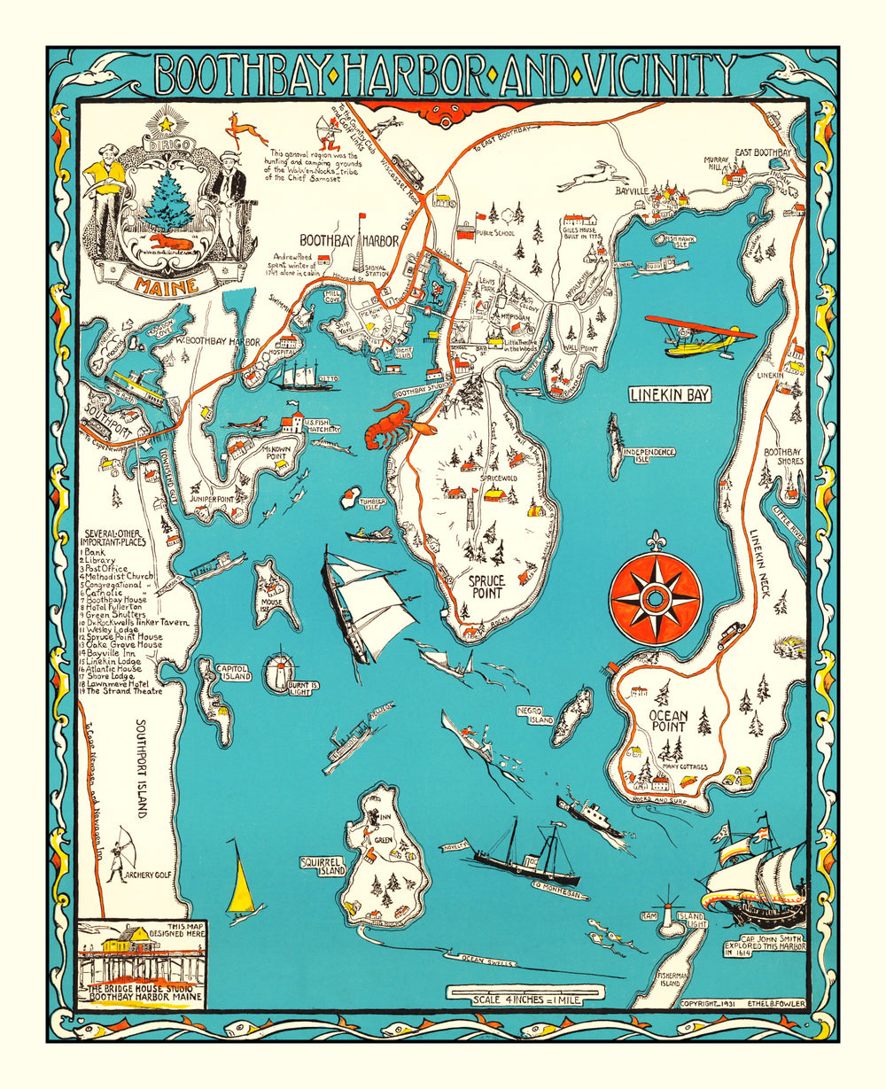Vintage Map of Boothbay Harbor, 1931 print style example