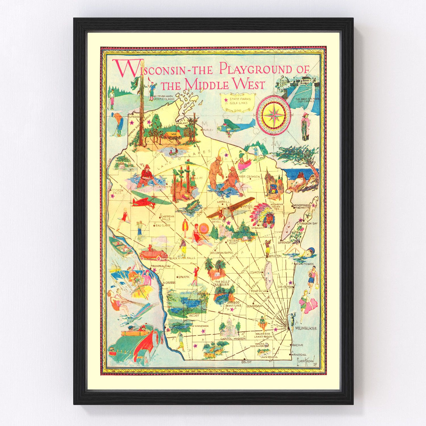 Wisconsin Vintage Map 1929