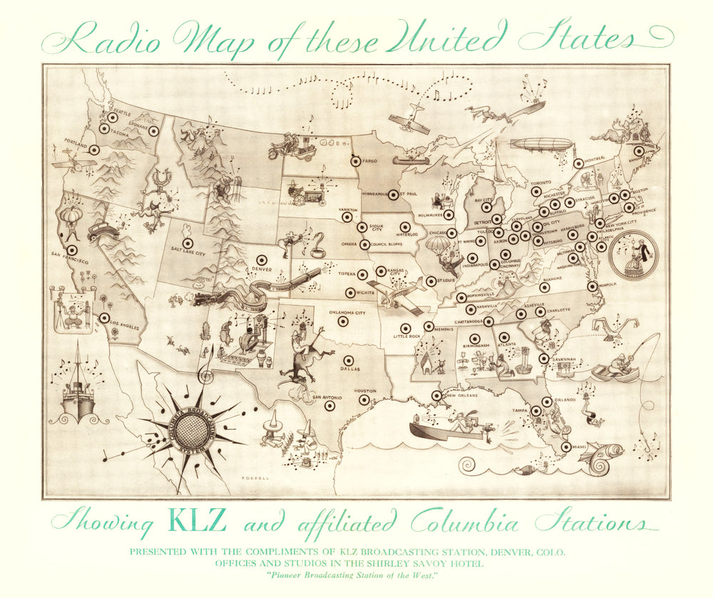 Vintage Radio Map of the United States, 1922 print style example