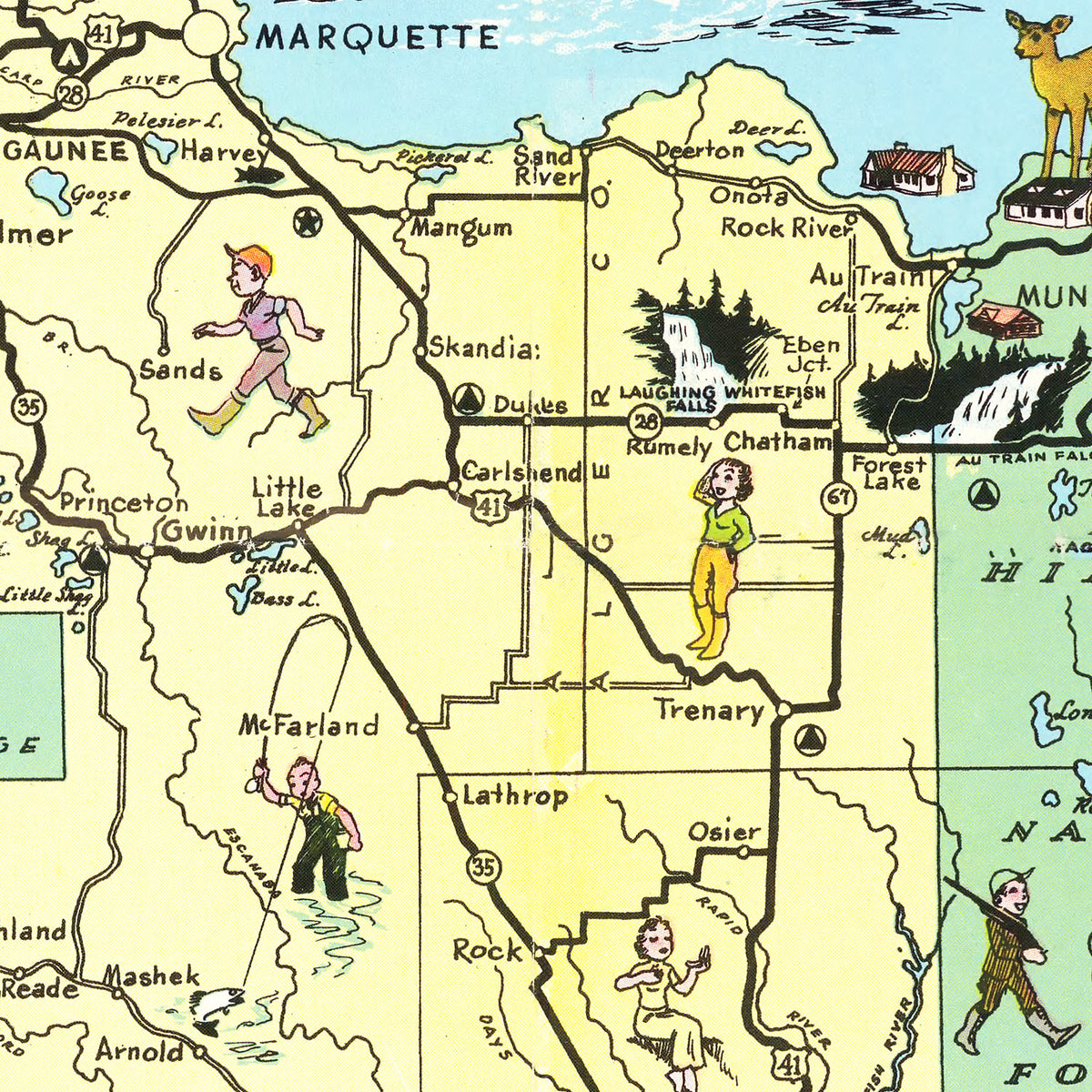 Restored historic details from the 1935 coastline map of Schoolcraft County, Michigan