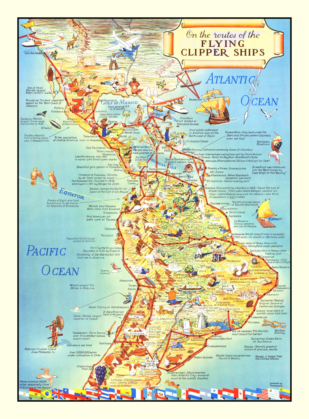 Vintage Map of Flying Clipper Ships of the Americas, 1941 print style example