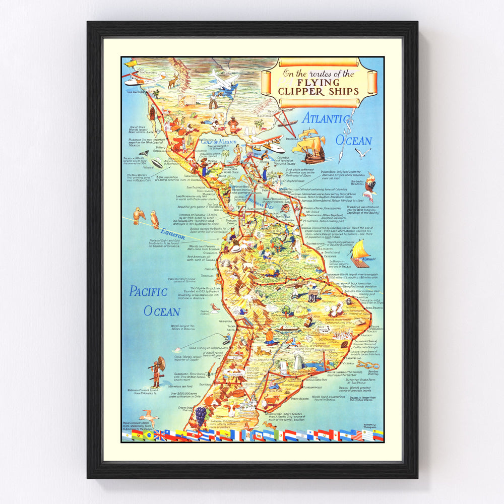 Flying Clipper Ships of the Americas Vintage Map 1941
