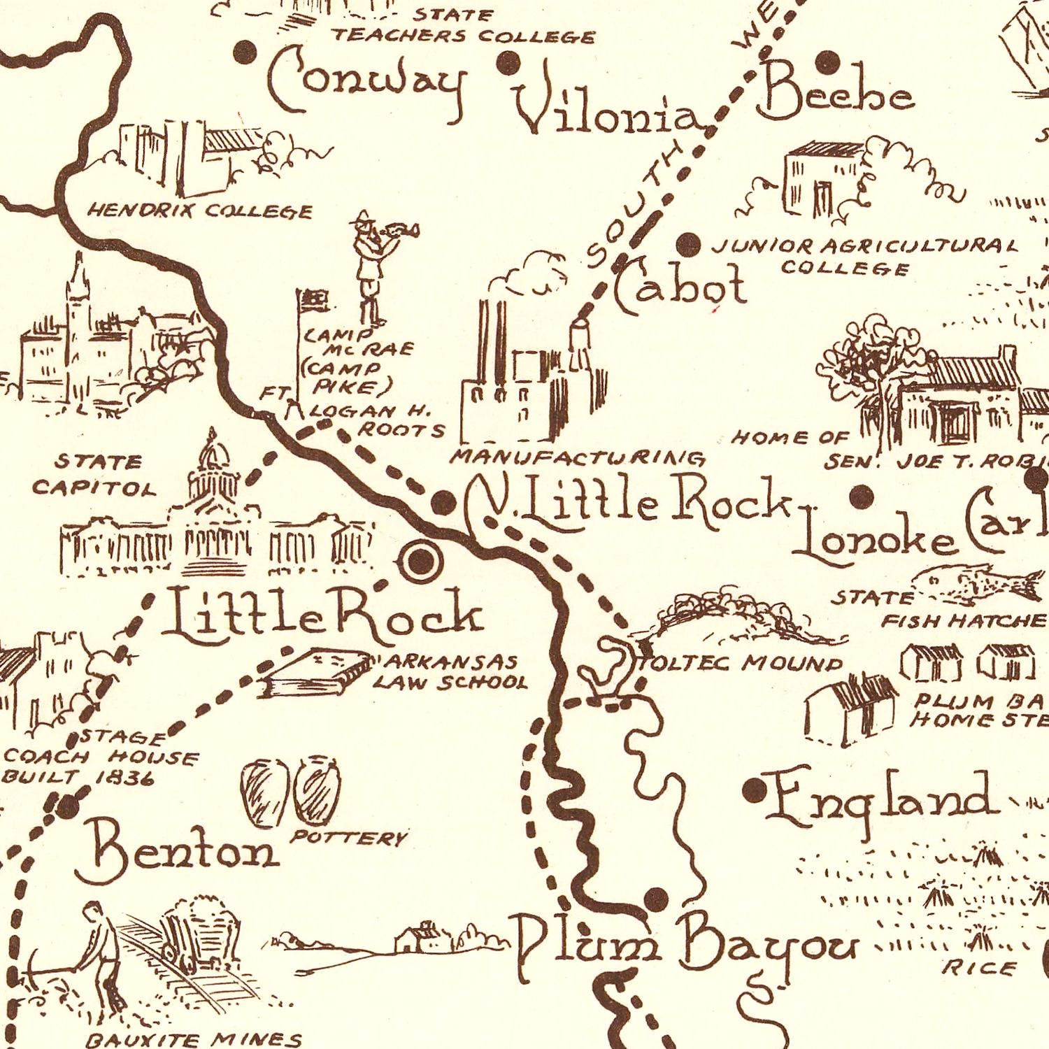 Restored historic details from the 1938 state map of County, Arkansas