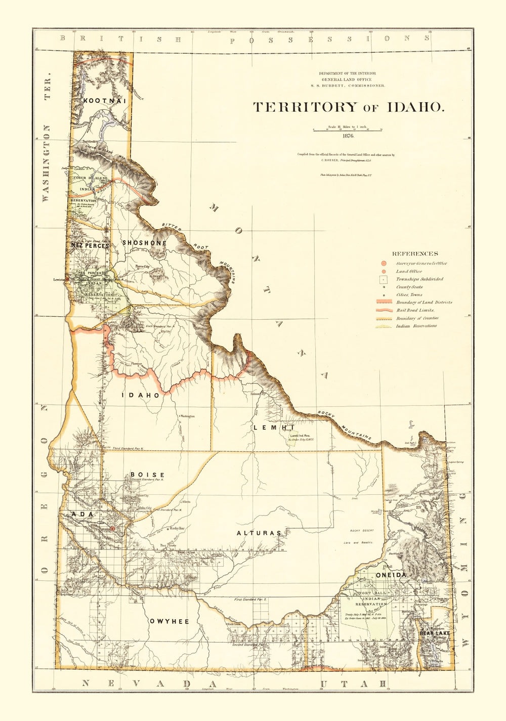 Vintage Map of Idaho 1876 print style example