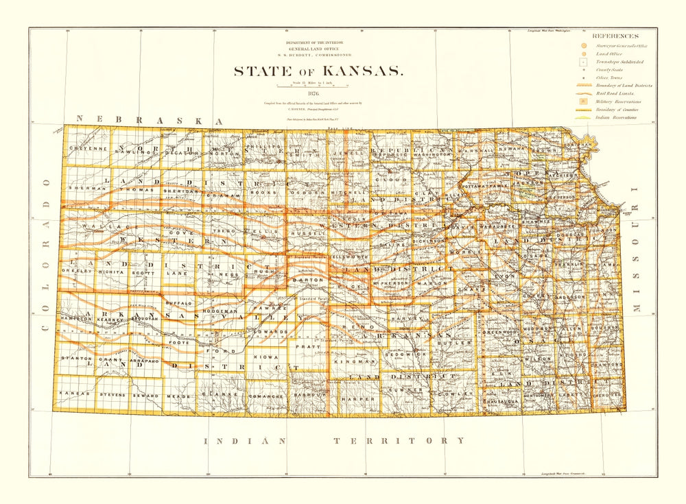 Vintage Map of Kansas 1876 print style example