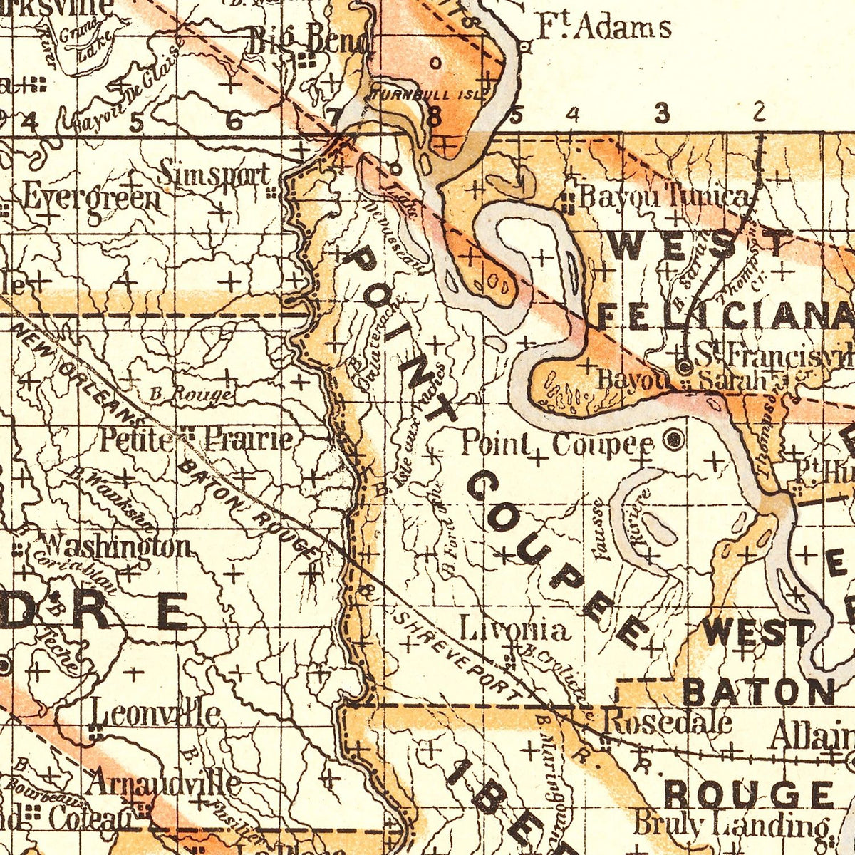 Restored historic details from the 1876 state map of Parish, Louisiana