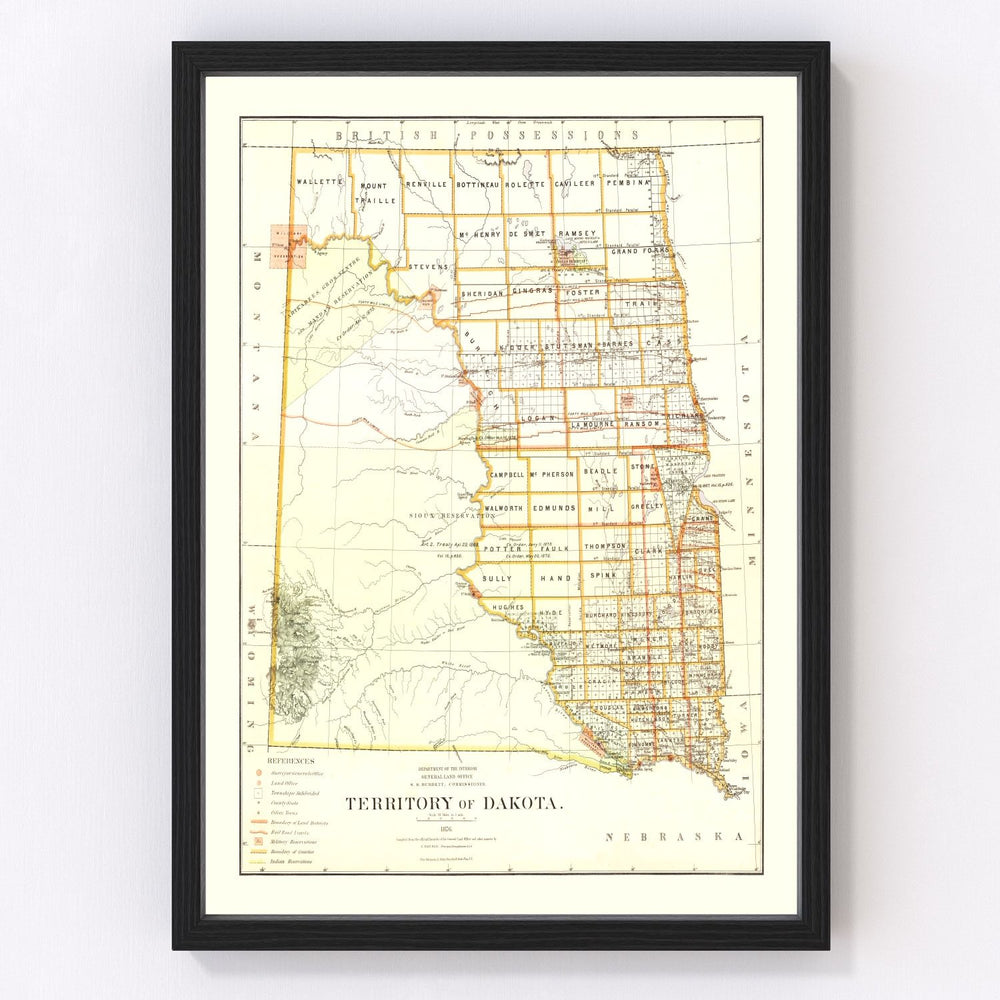 South Dakota Vintage Map 1876