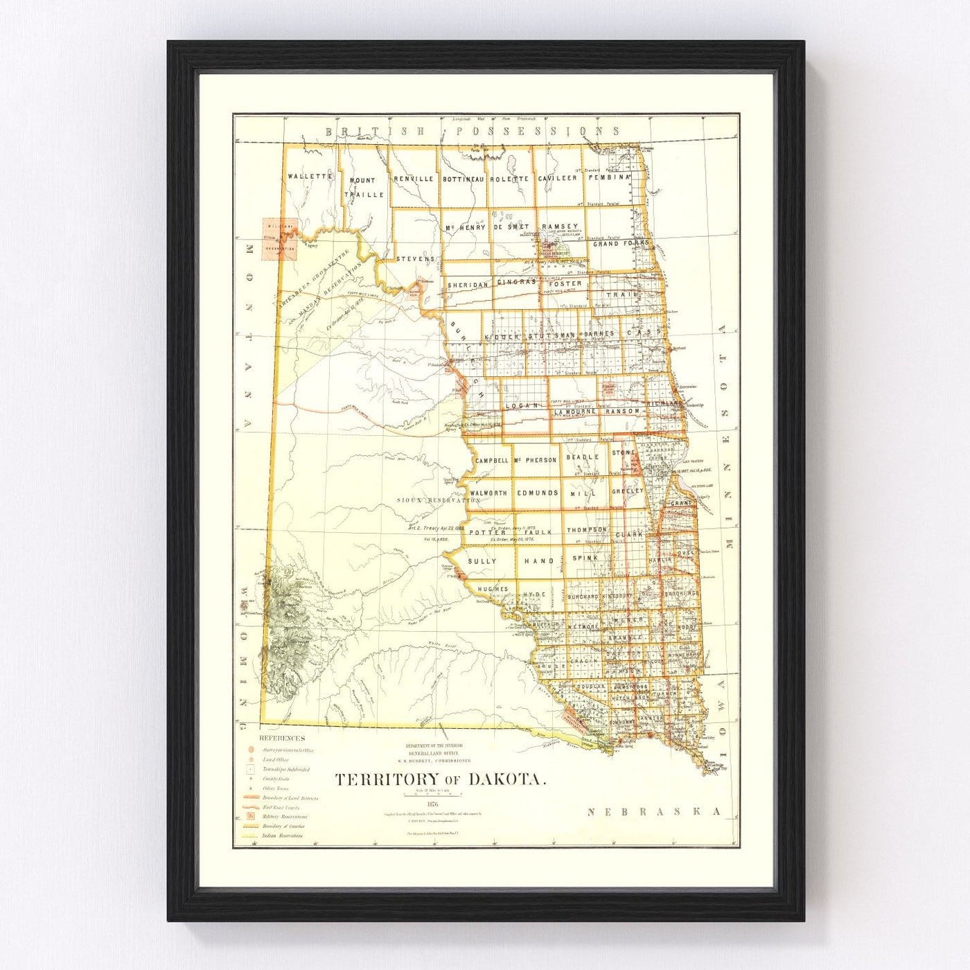 South Dakota Vintage Map 1876