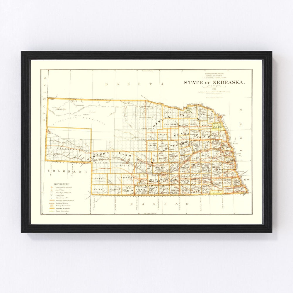 Nebraska Vintage Map 1876
