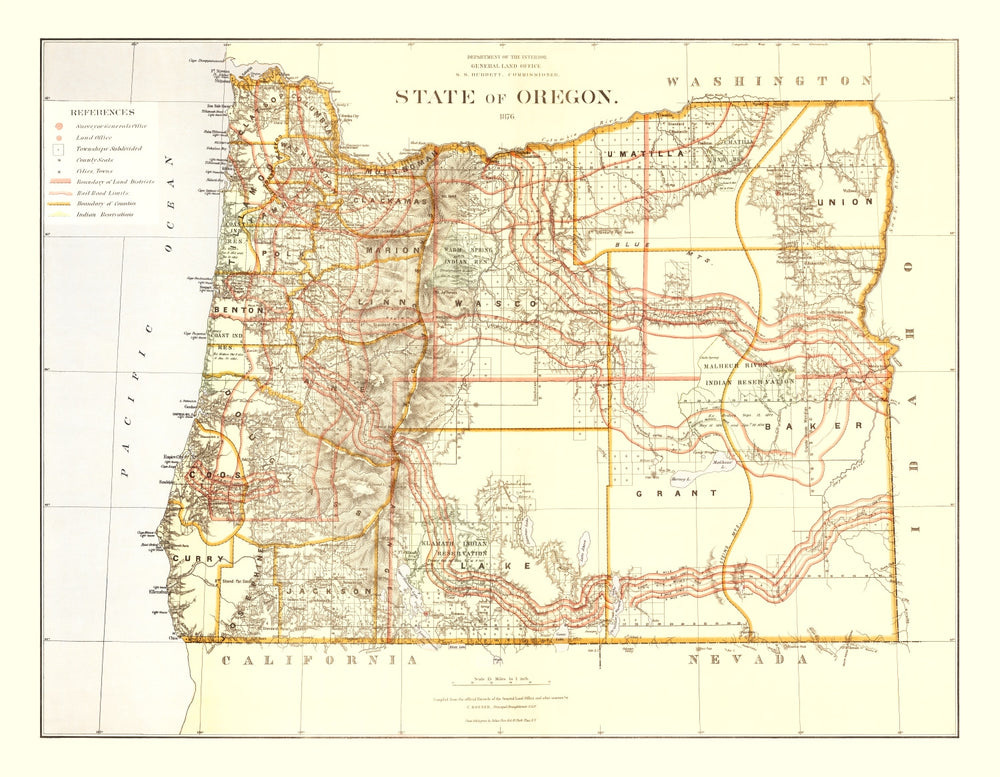Vintage Map of Oregon 1876 print style example