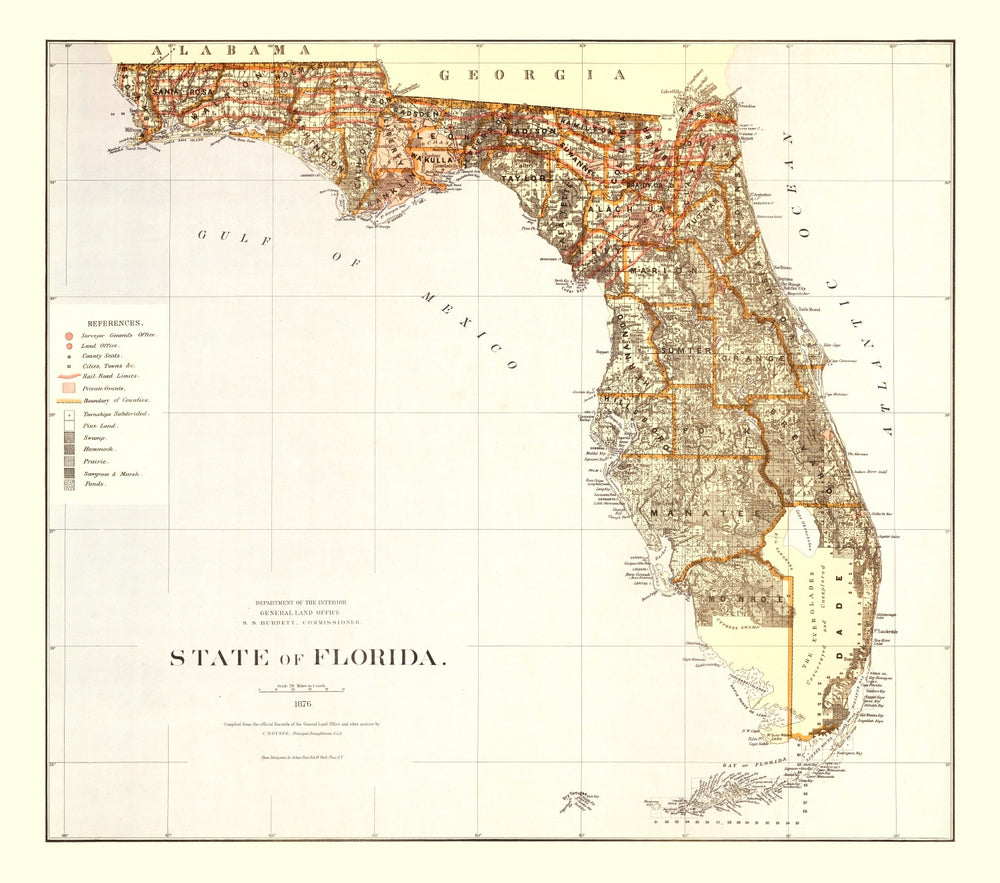 Vintage Map of Florida 1876 print style example