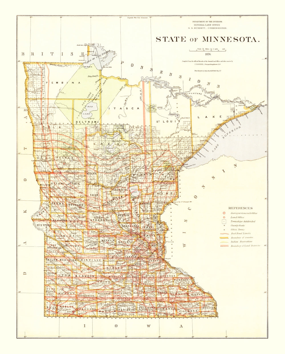 Vintage Map of Minnesota 1876 print style example