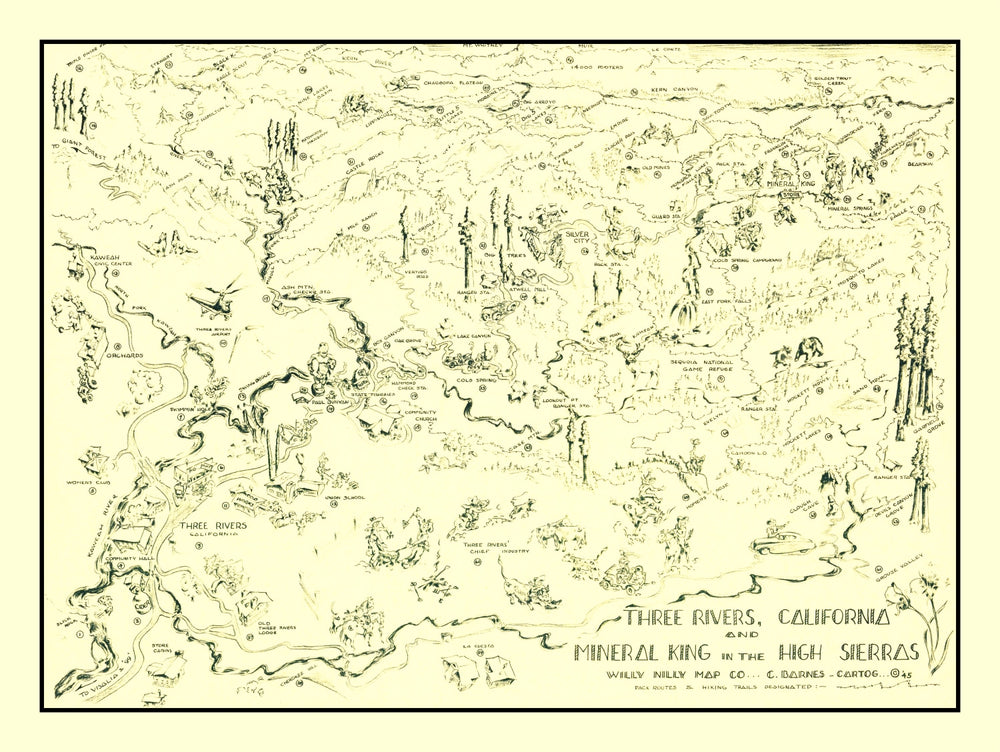 Vintage Map of Three Rivers, California 1945 print style example