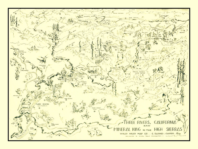 Size comparison using Vintage Map of Three Rivers, California 1945