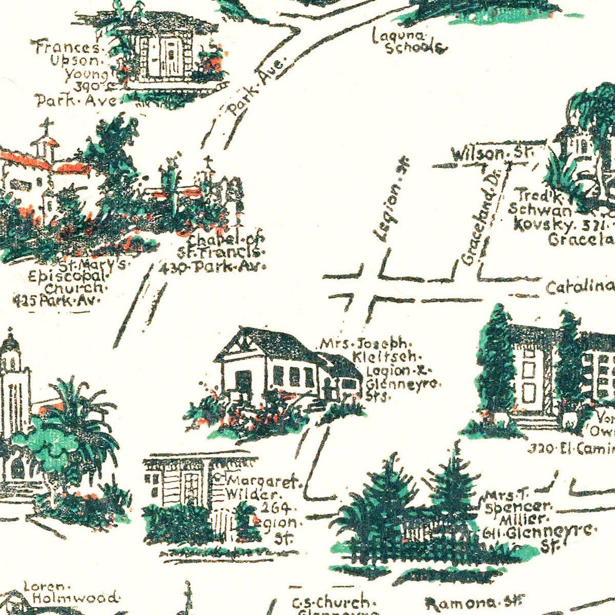 Restored historic details from the 1947 city map of Laguna Beach, California